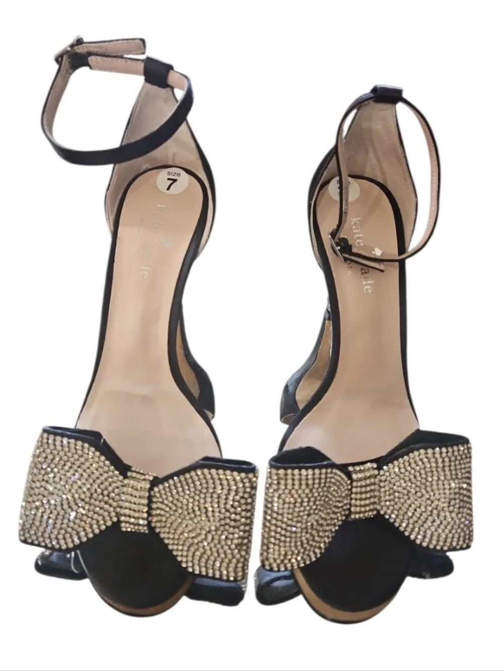 Kate Spade New York Gweneth Black Satin Rhinestone Crystal Bow Heels Sandal Sz 7
